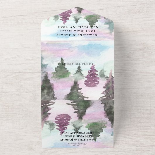 Winter Pijnbomen Bos Sneeuw RSVP Bruiloft All In One Uitnodiging (Buitenkant)