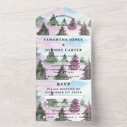 Winter Pijnbomen Bos Sneeuw RSVP Bruiloft All In One Uitnodiging (Binnen)