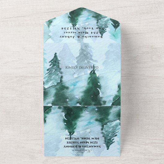 Winter Pijnbomen Bos Sneeuw RSVP Bruiloft All In One Uitnodiging (Buitenkant)