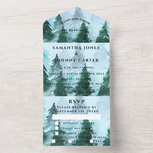 Winter Pijnbomen Bos Sneeuw RSVP Bruiloft All In One Uitnodiging (Binnen)