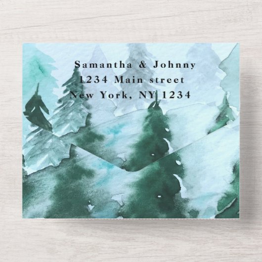 Winter Pijnbomen Bos Sneeuw RSVP Bruiloft All In One Uitnodiging (Achterkant)