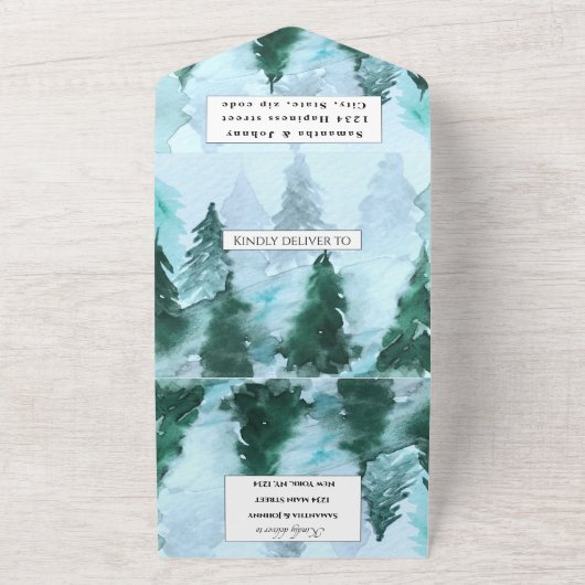 Winter Pijnbomen RSVP Waterverf Bos Bruiloft All In One Uitnodiging (Buitenkant)