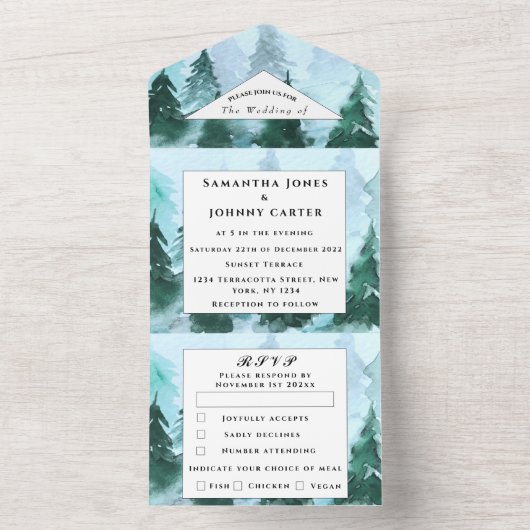 Winter Pijnbomen RSVP Waterverf Bos Bruiloft All In One Uitnodiging (Binnen)