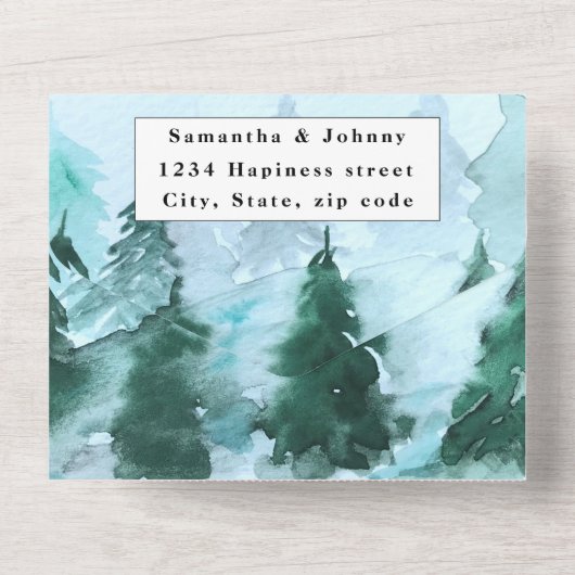 Winter Pijnbomen RSVP Waterverf Bos Bruiloft All In One Uitnodiging (Achterkant)