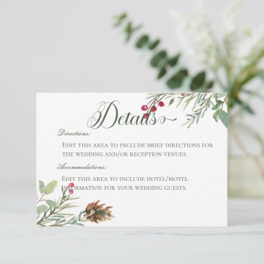 Winter Pijnboom Bessen Moderne Details Bruiloft Informatiekaartje (Staand voorkant)