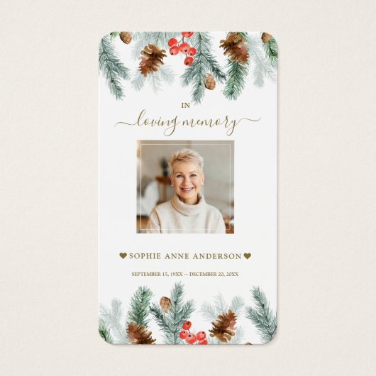 Winter Pine Berry Kegelrand Foto Begrafenisgebed Visitekaartje (Voorkant)