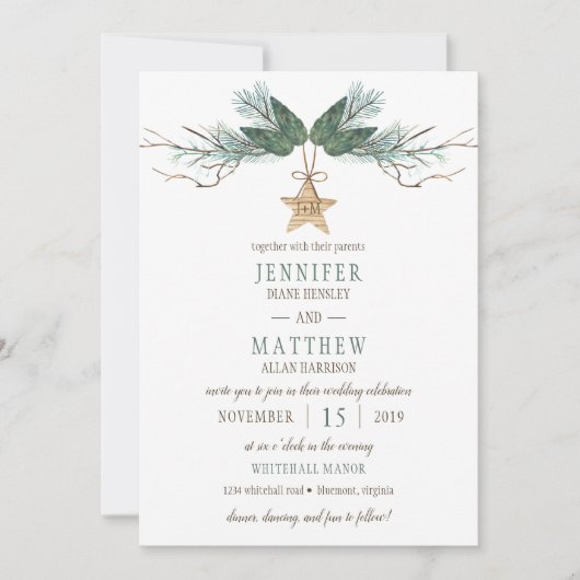 Winter Pine Branches Pine Cones Star Wedding Kaart (Voorkant)