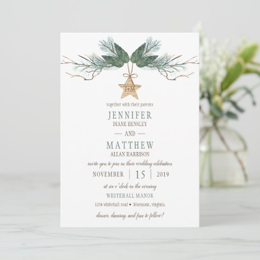 Winter Pine Branches Pine Cones Star Wedding Kaart (Staand voorkant)