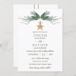 Winter Pine Branches Pine Cones Star Wedding Kaart
