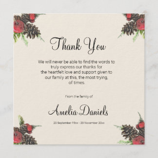 Winter Pine Cone and Berry Funeral Thank You Cards Kaart