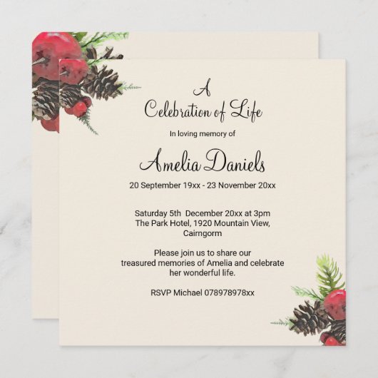 Winter Pine Cone Celebration of Life Card Save The Date (Voorkant / Achterkant)