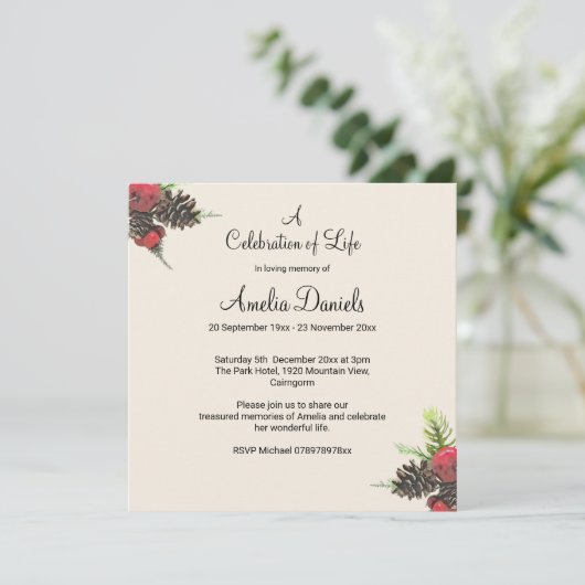 Winter Pine Cone Celebration of Life Card Save The Date (Staand voorkant)