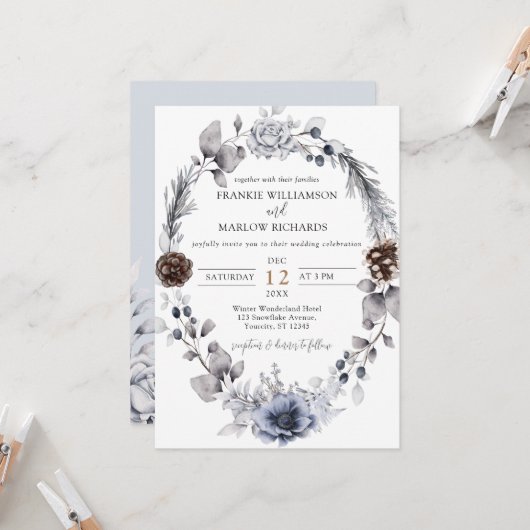 Winter Pine Cone Floral Wreath Boho Wedding Invita Kaart (Voorkant / Achterkant in situ)