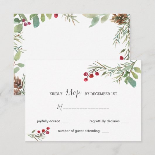 Winter Pine Cones Berry Wedding RSVP (Voorkant / Achterkant)