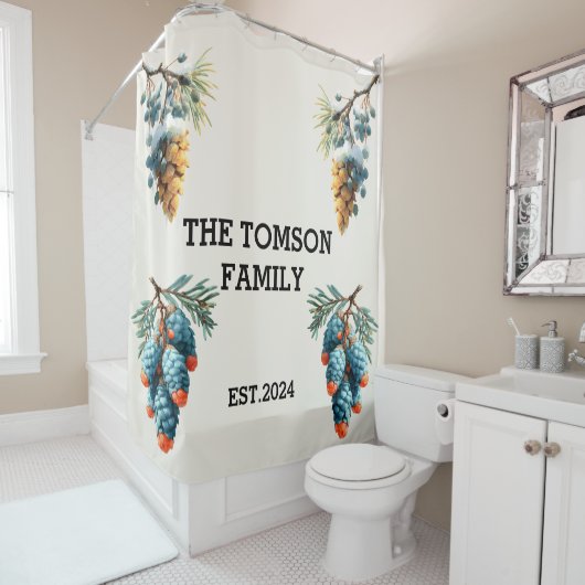 Winter Pine Cones Family Name Design Douchegordijn (In situ)