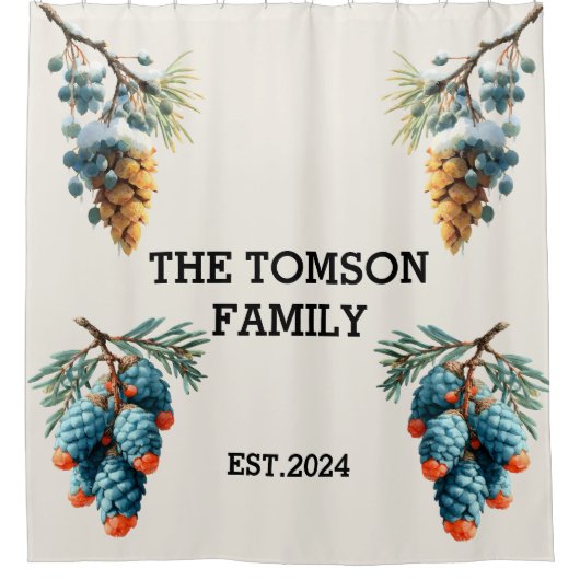 Winter Pine Cones Family Name Design Douchegordijn (Voorkant)