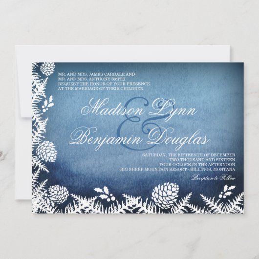 Winter Pine Cones Holiday Blue Wedding Invitations Kaart (Voorkant)