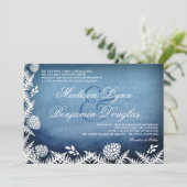 Winter Pine Cones Holiday Blue Wedding Invitations Kaart (Staand voorkant)