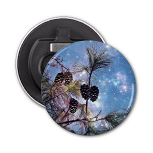 Winter Pine Cones onder een sterrenhemel Button Flesopener