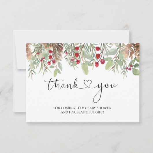 Winter Pine Cones Red Berry Baby shower Dank u Bedankkaart (Voorkant)