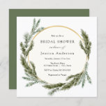 Winter Pine Evergreen Bridal Shower Kaart<br><div class="desc">Elegant Winter-themed doucheuitnodiging bevat een gouden lijst omgeven door waterverf evergreen en dennenbomen. Pas uw informatie aan of klik op "Klik om verder aan te passen" om tekenstijlen,  grootte en kleuren te bewerken.</div>