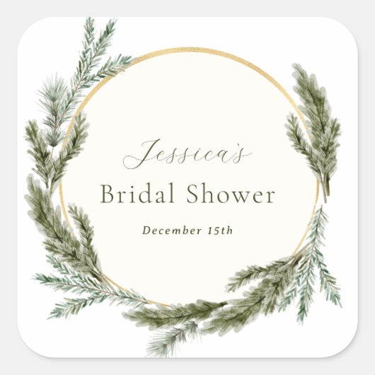 Winter Pine Evergreen Bruiloftsborrel  Vierkante Sticker (Voorkant)