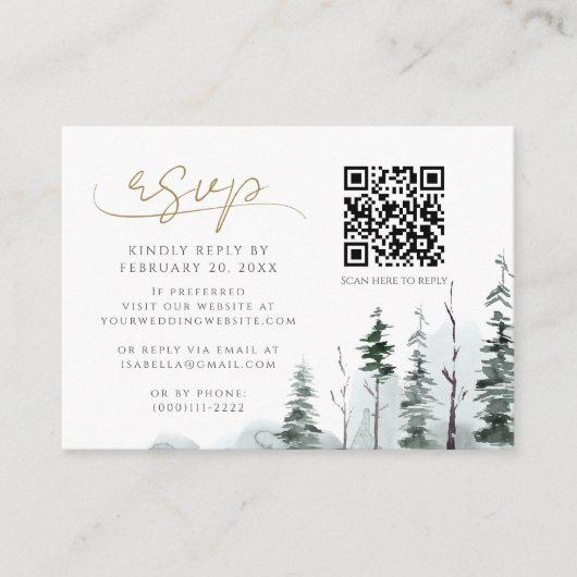 Winter Pine Forest Sage QR Code Wedding RSVP Informatiekaartje (Voorkant)