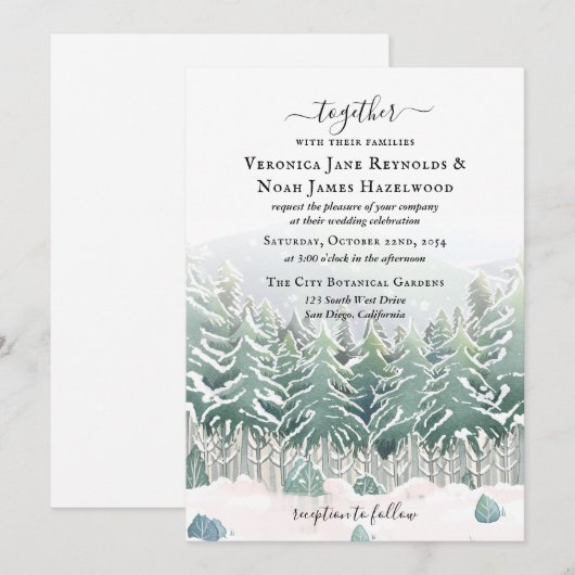 Winter Pine Forest Snow Mountains Invitation Kaart (Voorkant / Achterkant)