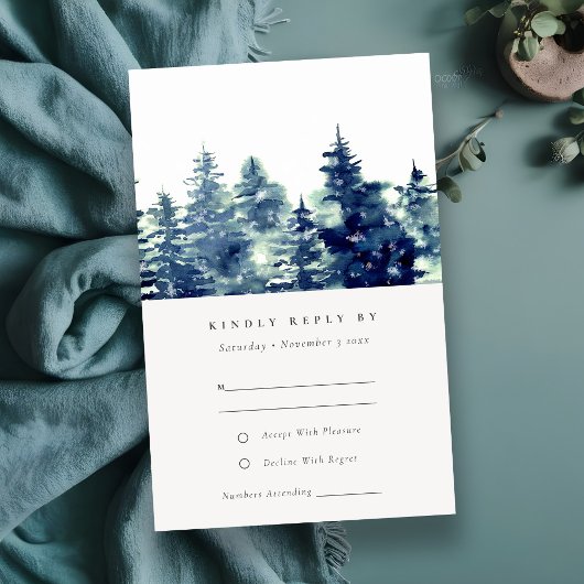 Winter Pine Forest Snow Waterverf Wedding RSVP Informatiekaartje