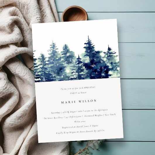 Winter Pine Forest Snowfall Navy any Age Birthday Kaart
