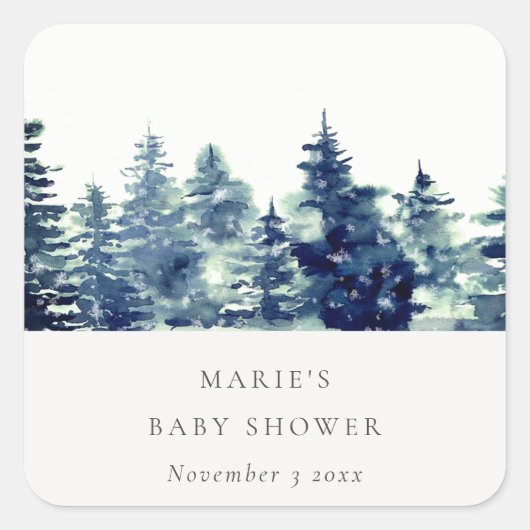 Winter Pine Forest Snowfall Waterverf Baby shower Vierkante Sticker (Voorkant)