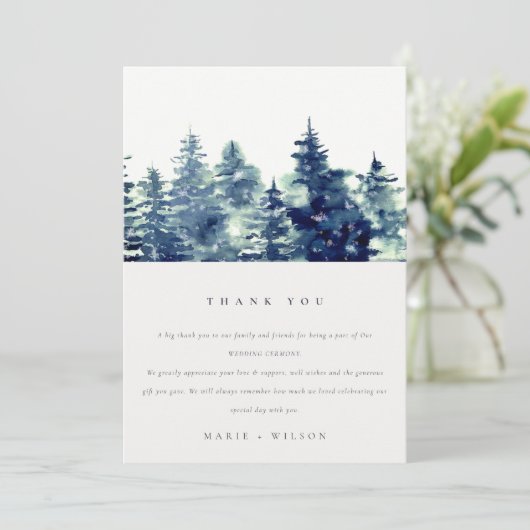Winter Pine Forest Snowfall Waterverf Wedding Bedankkaart (Staand voorkant)