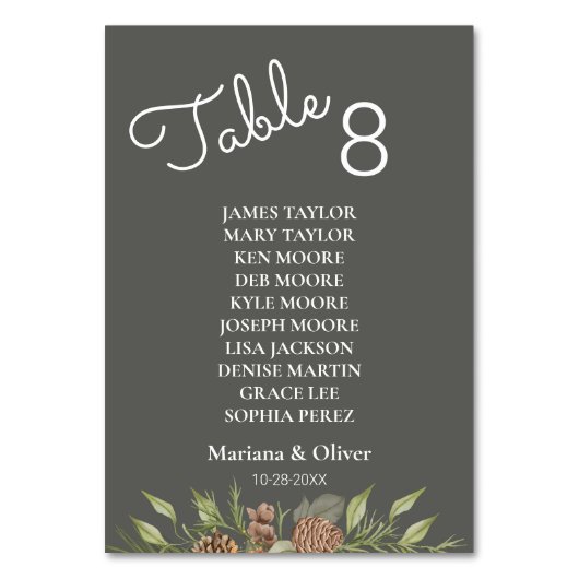 Winter Pine Grey Tafelnummer Kaart met namen (Voorkant)