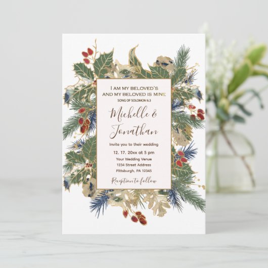 Winter Pine Holly Berries Christelijke bruiloft Kaart (Staand voorkant)