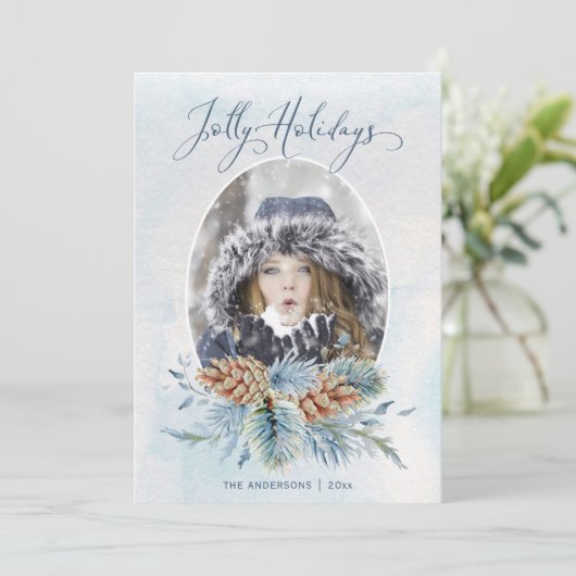 Winter Pine Jolly Feestdagen | Foto Feestdagenkaart (Staand voorkant)