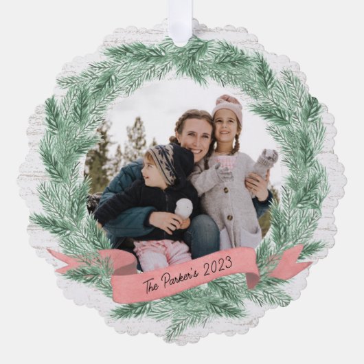 Winter Pine krans en banner met foto Ornament Kaart (Voorkant)