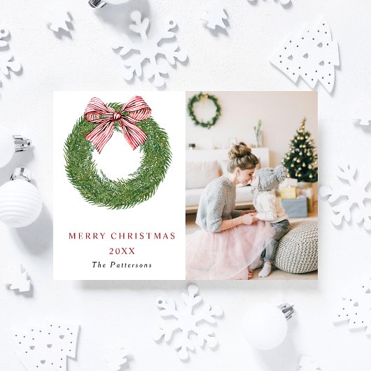 Winter Pine Krans Stripes Rode strik Foto Kerstmis Feestdagenkaart