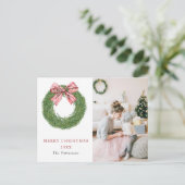 Winter Pine Krans Stripes Rode strik Foto Kerstmis Feestdagenkaart (Staand voorkant)