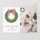 Winter Pine Krans Stripes Rode strik Foto Kerstmis Feestdagenkaart (Voorkant)