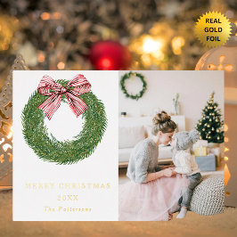 Winter Pine Krans Stripes Rode strik Foto Kerstmis Folie Feestdagenkaart