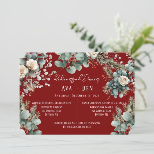 Winter Pine Naalden Rode Bessen Repetitie Diner Kaart (Staand voorkant)