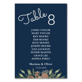 Winter Pine Navy Blue Table Number Kaart met namen