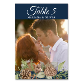 Winter Pine Navy Blue Trouwtafel Nummer Kaart