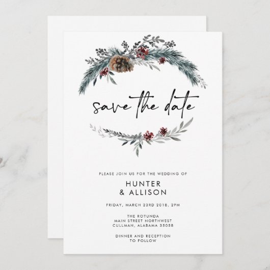 Winter Pine Save the Date Kaart (Voorkant / Achterkant)