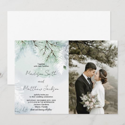 Winter Pine Sneeuw Bruiloft Uitnodigingen met foto (Voorkant / Achterkant)