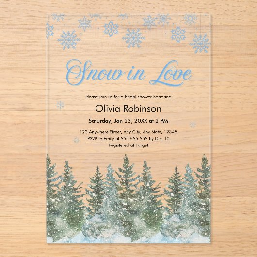 Winter Pine Snow in Love Snowflakes Bridal Shower Acryl Uitnodigingen (Voorkant)