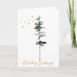 Winter Pine Tree and Birds Waterverf Kaart