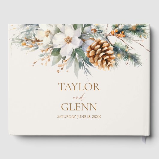 Winter Pine Tree Bloemen Bloemen Huwelijk Gastenboek (Achterkant)