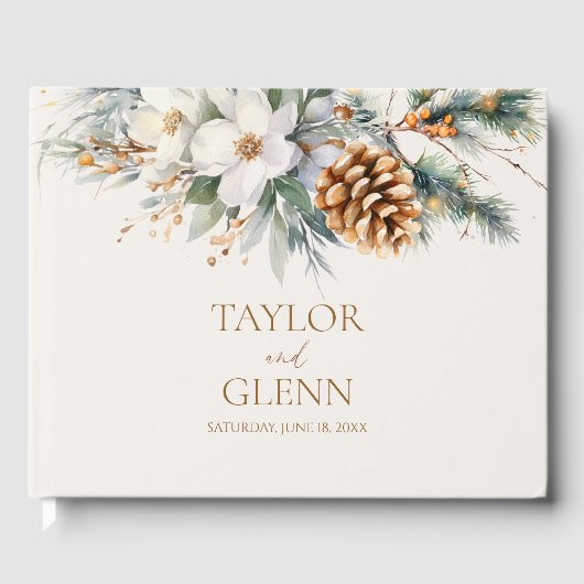 Winter Pine Tree Bloemen Bloemen Huwelijk Gastenboek (Voorkant)