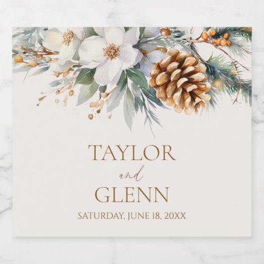 Winter Pine Tree Bloemen Bloementuin Trouwen Sparkling Wijnetiket (Enkel label)